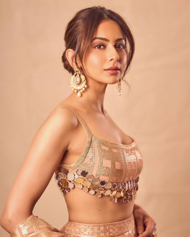 यासोबत तिने न्यूड मेकअप करून केसांचा बन बनवला आहे. या एथनिक लूकमध्येही अभिनेत्री खूपच सुंदर दिसत आहे. (फोटो सौजन्य :rakulpreet/इंस्टाग्राम)