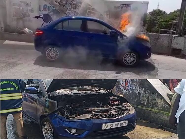 Villupuram A car caught fire suddenly in tindivanam Shocked car drivers TNN திண்டிவனத்தில் திடீரென தீப்பற்றி எரிந்த கார்; உயிர் தப்பிய கணவன், மனைவி