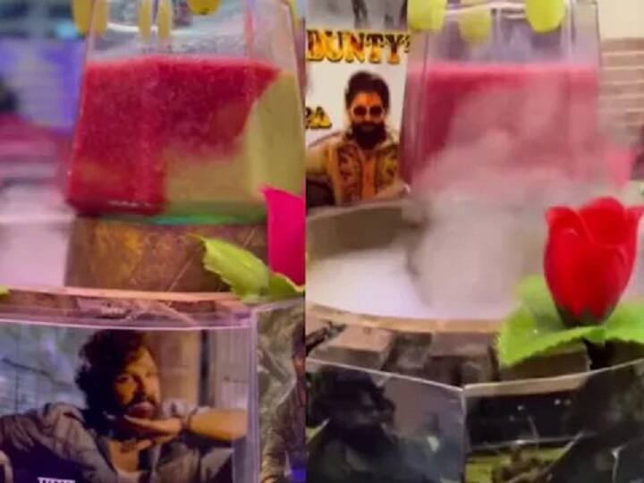 allu arjun fan started unique juice centre with pushpa fever in mumbai marathi news Pushpa The Rise : अल्लू अर्जुनच्या 'पुष्पा'ची क्रेझ कायम; मुंबईतील ज्यूस सेंटरमध्ये दिसला पुष्पा फिव्हर, पाहा व्हिडीओ