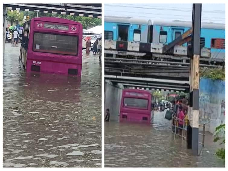 Chennai MTC bus stuck in rainwater in subway jeeva railway subway near Vyasarpadi north chennai Bus stuck in rainwater: தேங்கிய மழைநீர்: வியாசர்பாடி சுரங்கப்பாதையில் சிக்கிய மாநகர பேருந்து... பொதுமக்களின் நிலை என்ன?