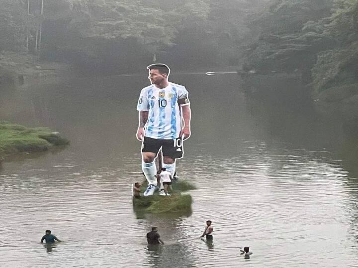 Messi 30 feet cut out in Kozhikode village as World Cup fervour grips Kerala Video Messi Cut Out : 30 அடி உயர கட் அவுட்..! ஆற்றின் நடுவே மாஸ் காட்டும் மெஸ்ஸி..!  கேரள சேட்டன்களின் அதகளம்.. வீடியோ..