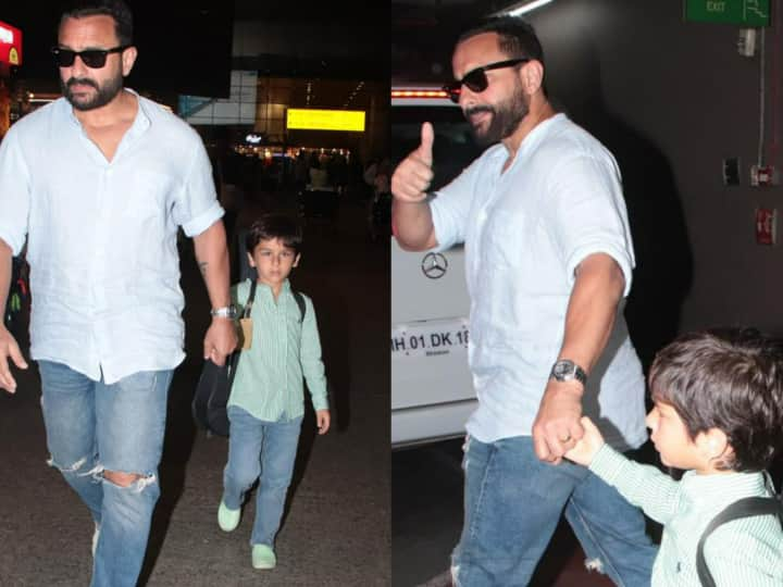 Taimur Ali Khan Photos: तैमूर अली खान की कुछ तस्वीरें सोशल मीडिया पर काफी वायरल हो रही है. जिसमें वो गिटार बैग लिए सैफ के साथ एयरपोर्ट पर स्पाट हुए. नीचे देखिए तस्वीरें.