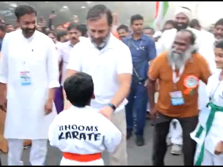 Congress leader Rahul Gandhi interacted with a karate kid during his Bharat Jodo Yatra in Hyderabad on Wednesday.
