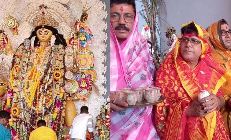 Hooghly Bhadreswar  men clad in saree with sindur have been doing the rituals in Jagaddhatri Puja for more than 200 yars Bhadreswar News: মাথায় ঘোমটা, কপাল রাঙা সিঁদুরে, পুরুষদের হাতেই জগদ্ধাত্রীর বরণ এই পুজোয়
