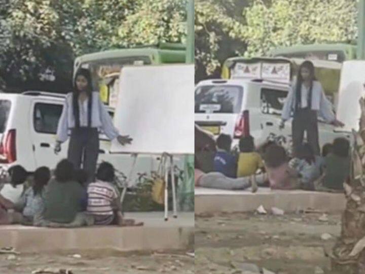 Viral Video marathi news girl was seen teaching poor children under the flyover Viral Video : पूलाखाली गरीब मुलांना शिकवताना दिसली मुलगी, नेटकरी म्हणाले- 'ही साक्षात सरस्वती!' मन जिंकतोय व्हिडीओ