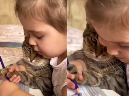 baby girl teaches her pet cat to colour wins netizens hearts Watch Video: பூனைக்கு வண்ணம் தீட்ட சொல்லிக் கொடுத்த சுட்டிக் குழந்தை... இணையவாசிகளின் இதயங்களை அள்ளும் வீடியோ