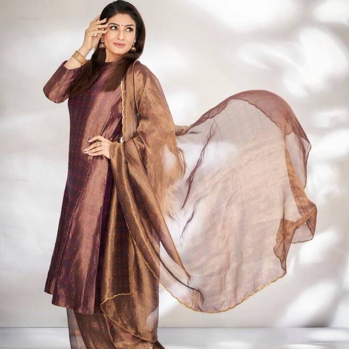 हा लूक पूर्ण करण्यासाठी तिने ब्राईट मेकअपसह केस मोकळे सोडले आहेत.(फोटो सौजन्य:officialraveenatandon/इन्टाग्राम)