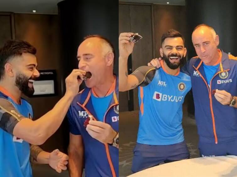 Team India celebrate birthday of Virat Kohli and coach Paddy Upton - Watch video Watch video: எங்கோ பிறந்தோம், இங்கே இணைந்தோம்.. பிறந்தநாளில் ஒன்றாக கேக் வெட்டிய கோலி, பேடி அப்டன்!