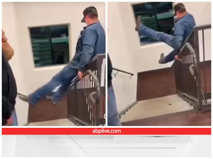 Drunk man tries to get down stairs awkwardly fell down viral video सीढ़ियों पर करतब दिखाना बंदे को पड़ा भारी, Video देख यूजर्स बोले- कहां से आते हैं ऐसे लोग