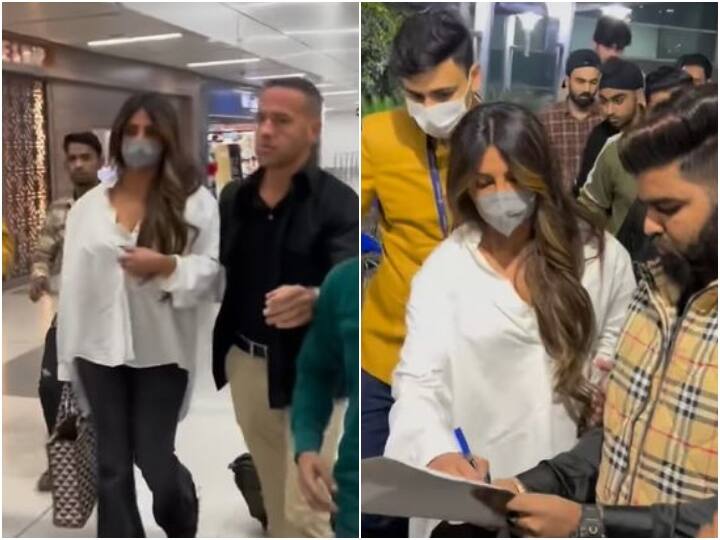Priyanka Chopra spotted at Delhi airport video of fans giving autographs viral व्हाइट शर्ट में दिल्ली एयरपोर्ट पर स्पॉट हुईं Priyanka Chopra, फैंस को इस तरह दिया ऑटोग्राफ