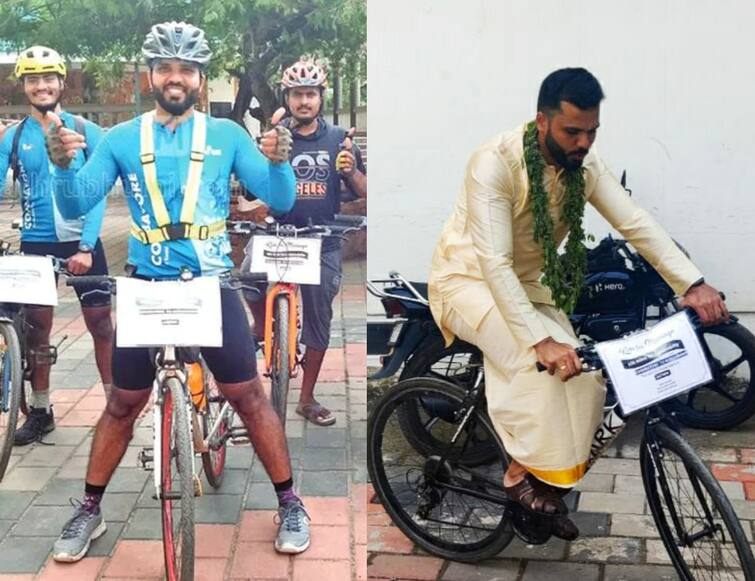 kerala Bridegroom rides bicycle from Coimbatore till marriage venue at Guruvayur Bridegroom Cycling : தன் திருமணத்திற்கு 150 கி.மீ சைக்கிளில் வந்த மாப்பிள்ளை..! காரணம் என்ன தெரியுமா?