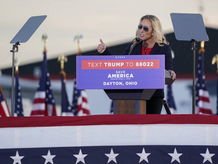 Representative Marjorie Taylor Greene, a Republican from Georgia, speaks during a 'Save America' rally in Vandalia, Ohio, on Monday, Nov 7. (Source: Getty)
