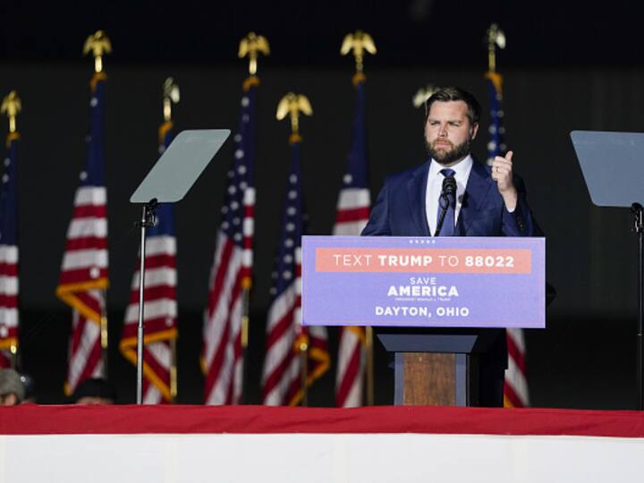 JD Vance, co-founder of Narya Capital Management LLC and US Republican Senate candidate for Ohio, talks on stage during a 'Save America' rally in Vandalia, Ohio, on Monday, Nov 7. (Source: Getty)
