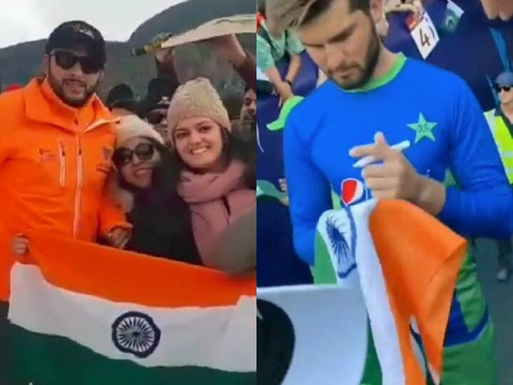 t20 world cup 2022 shaheen afridi autograph on indian flag pakistan vs new zealand semi final T20 World Cup 2022: सेमीफाइनल से पहले Shaheen Afridi ने तिरंगे पर भारतीय फैन को दिया ऑटोग्राफ, फोटो वायरल