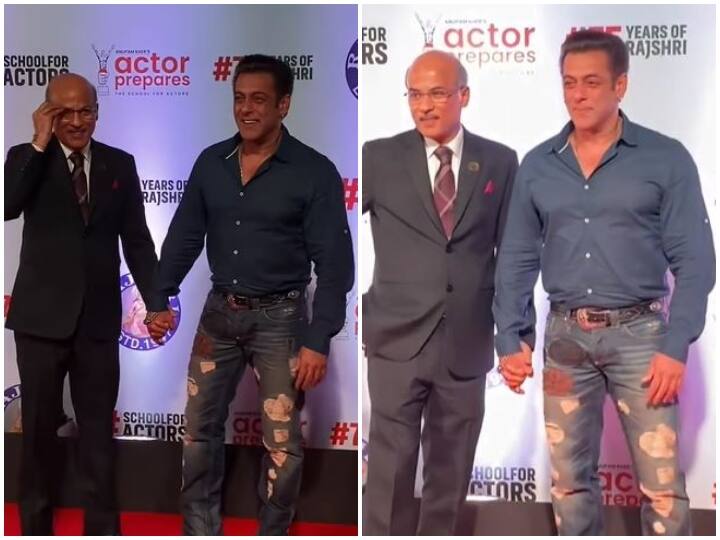 Salman Khan was seen holding Sooraj Barjatya hand during the screening of Uunhchai releasing on 11 november 'Uunchai' की स्क्रीनिंग के दौरान सूरज बड़जात्या का हाथ पकड़े नजर आए Salman Khan, डायरेक्टर ने कहा- 'प्रेम' फिर लौटेगा