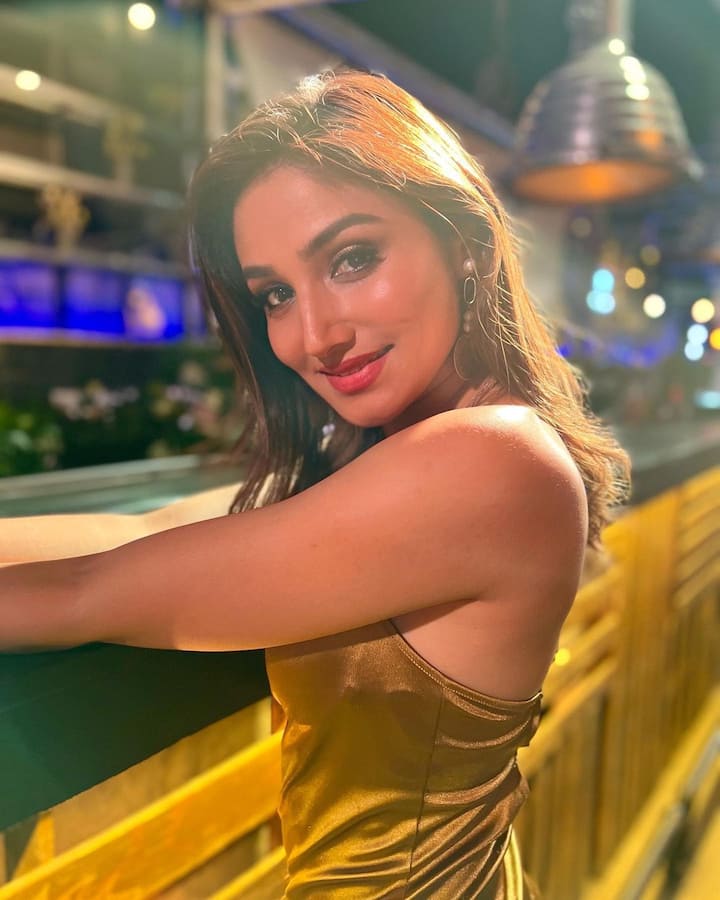 या फोटोंमध्ये अभिनेत्री गोल्डन कलरच्या सिल्क थाई हाय स्लिट बॉडी फिट ड्रेसमध्ये दिसत आहे.(फोटो सौजन्य : donalbisht/ इंस्टाग्राम )