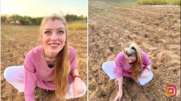 Trending Viral Video marathi news german woman planting onion in farm with desi style Viral Video : 'फॉरेनची पाटलीण' चक्क शेतात करतेय कांदा पेरणी! सासू झाली खूश, नेटकरी आश्चर्यचकीत!