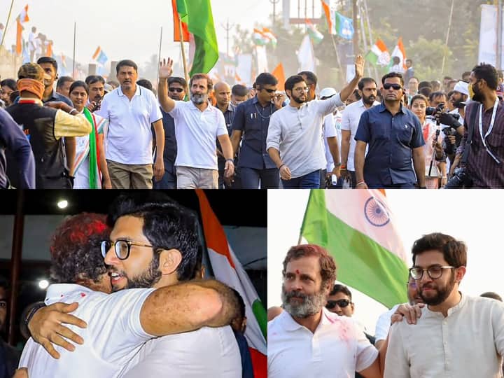 शिवसेना नेता आदित्य ठाकरे हिंगोली के कलामनुरी में कांग्रेस की भारत जोड़ो यात्रा में शामिल हुए. इस दौरान आदित्य ठाकरे राहुल गांधी के साथ-साथ नजर आए.