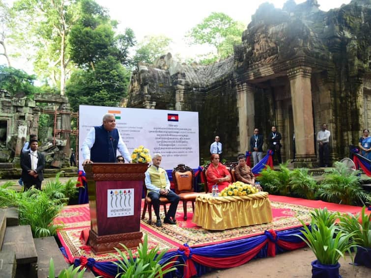 Vice President Dhankhar Arrives In Cambodian Town Siem Reap, Offers Prayers At Ta Prohm Temple Vice President Dhankhar Arrives In Cambodian Town Siem Reap, Offers Prayers At Ta Prohm Temple