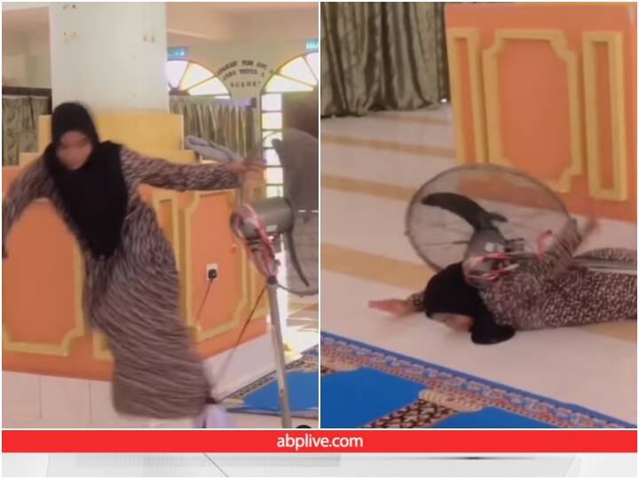 fan fell on girl as soon as she got entangled in wire video goes viral Video: देखकर नहीं चलने की सजा... तार में उलझकर गिरते ही महिला पर आ पड़ा पंखा
