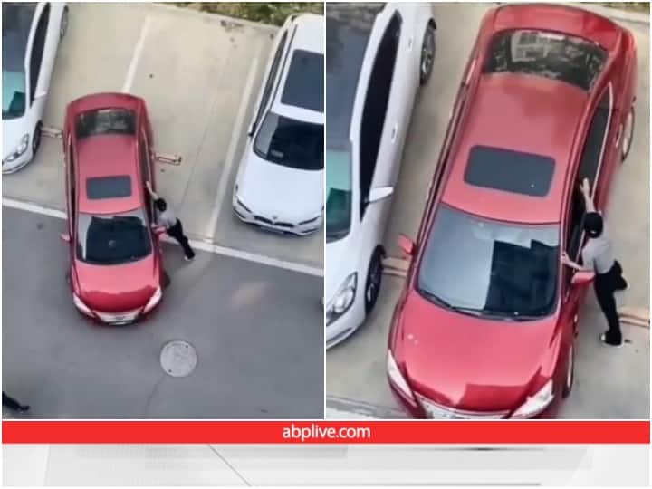Amazing woman parking car by pushing it video goes viral on social media Video: कार से उतरकर उसे धक्का लगाकर पार्क कर रही महिला, हैरान कर देगा वीडियो
