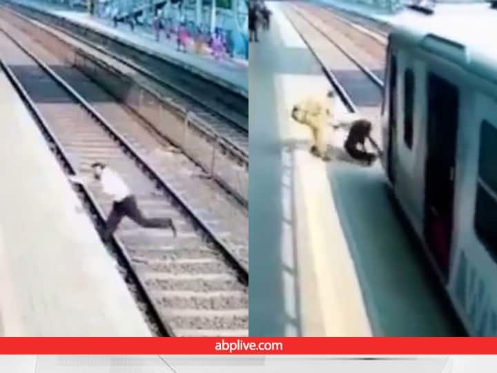 Man risked his life in front of train for shoes Video: रेलवे ट्रैक पर शख्स ने जूते के लिए जोखिम में डाली जान, आरपीएफ जवान ने बचाया