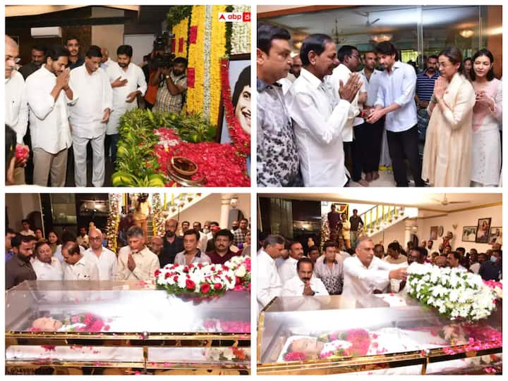 Leaders pays tribute to late actor Krishna at his residence in Hyderabad.
