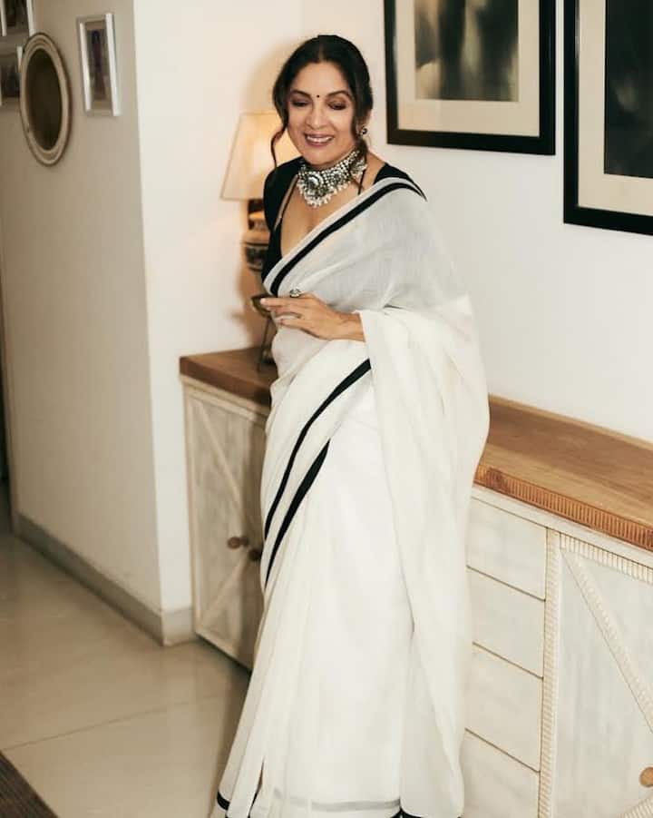 Neena Gupta wore a white-black saree from the House Of Masaba, her daughter's collection