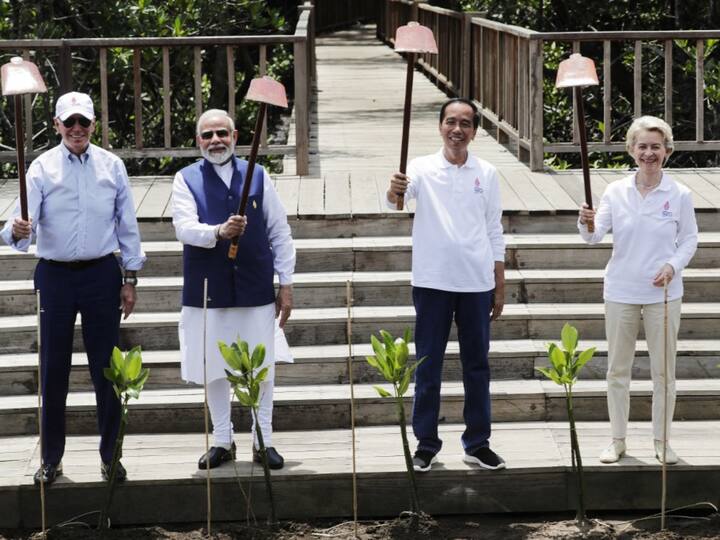 US President Joe Biden, Prime Minister Narendra Modi, Indonesian President Joko Widodo, European Commission President Ursula von der Leyen raise their garden hoes during a tree planting event at the Taman Hutan Raya Ngurah Rai Mangrove Forest. (Source: AFP)