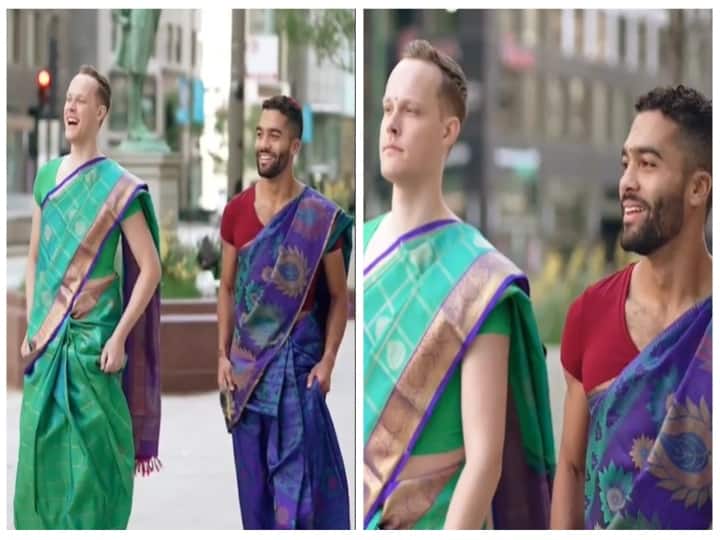 Viral Video Bestmen wear saree in Chicago to surprise Indian groom on his wedding Viral Video : சேலை கட்டி வந்த நண்பர்கள்..! மணப்பெண் தோழியாக மாறி அசத்தல்..! சிகாகோவில் ருசிகரம்...