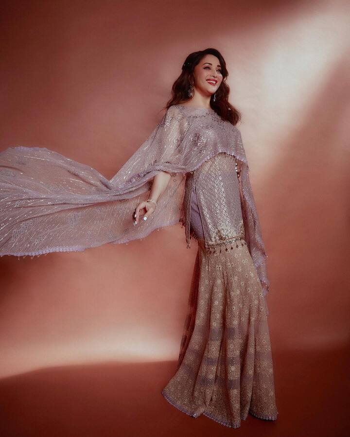 अभिनेत्रीने तिच्या लूकला कमी बेस आणि लाल लिपस्टिकने पूर्ण केले आहे.(फोटो सौजन्य :madhuridixitnene/इंस्टाग्राम )