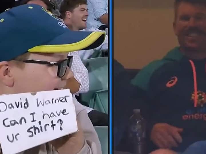 David Warner asked by young fan for tshirt know heartwarming reaction Watch: स्टैंड में बैठे बच्चे ने मांगी डेविड वॉर्नर की टी-शर्ट, बल्लेबाज़ ने ड्रेसिंग रूम से दिया दिल जीतने वाला रिएक्शन
