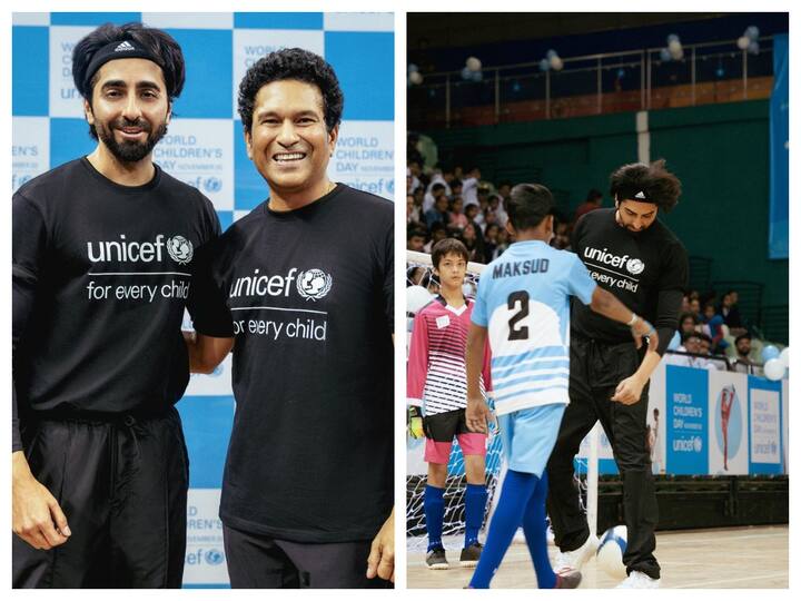 Ayushmann Khurrana, who is busy promoting his upcoming film 'An Action Hero', played football with Sachin Tendulkar for UNICEF India to celebrate World Children's Day. Take a look.