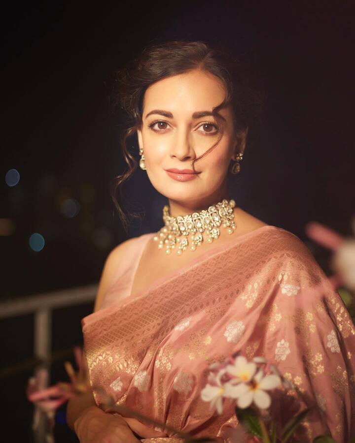 દેખાવને પૂર્ણ કરવા માટે, દિયા બોલ્ડ મેકઅપ કર્યો છે અને તેના વાળ બન સ્ટાઈલમાં બાંધ્યા છે.