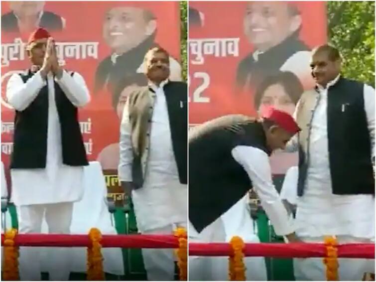 Akhilesh Yadav touches PSP chief Shivpal Yadav feet atop stage while campaigning Mainpuri by election Akhilesh Yadav: 'నన్ను ఆశీర్వదించండి మావయ్య'- శివపాల్ యాదవ్ కాళ్లు మొక్కిన అఖిలేశ్!