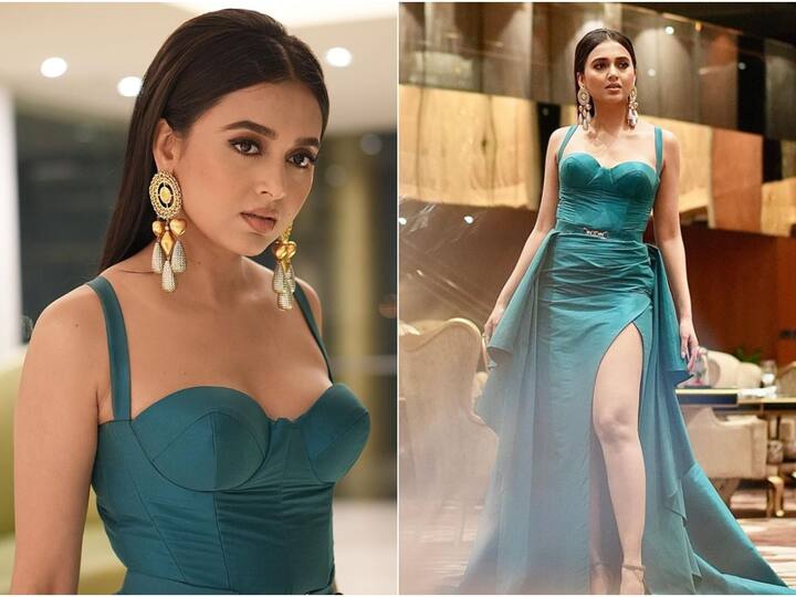 'Naagin 6' actress Tejasswi Prakash is missing no chance to grab attention with her back-to-back stunning looks. This time, she is turning heads in a gorgeous blue gown with a thigh-high slit.