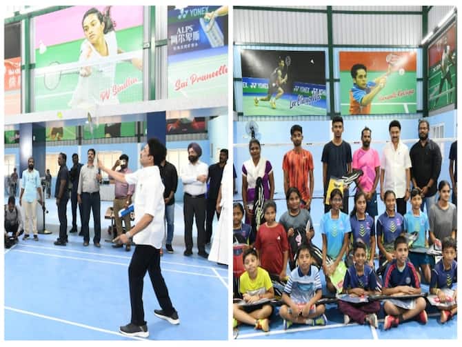 CMStalin Play Badminton In Chennai Kolathur After Opening New Ground |  CMStalin: கொளத்தூரில் முதலமைச்சர் ஸ்டாலின் அடித்த பேட்மிண்டன் ஷாட்..பல்வேறு  நலத்திட்டங்களை தொடங்கி ...