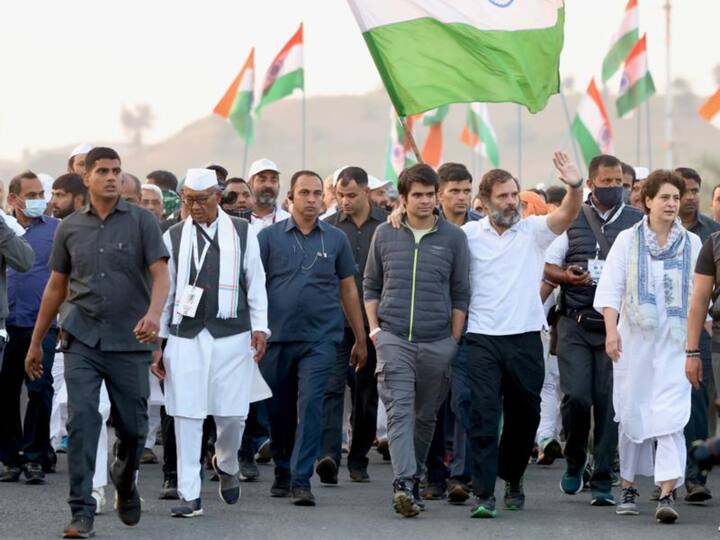 Congress leader Rahul Gandhi with his sister and party's general secretary Priyanka Gandhi Vadra, her husband Robert Vadra, and their son Raihan Vadra during the Bharat Jodo Yatra in Khargone, Madhya Pradesh on Friday. (Source: PTI)