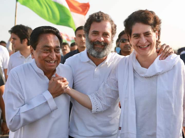 Congress leaders Kamal Nath with Rahul Gandhi and Priyanka Gandhi Vadra during the Bharat Jodo Yatra in Khargone. The Yatra will cover 380 km in 12 days in the Malwa-Nimar region of Madhya Pradesh before entering Rajasthan. (Source: PTI)