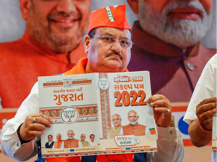 Hindutva Agenda in BJP Manifesto for Gujarat Assembly Elections 2022 from Temple to strict Law for communal elements ann Gujarat Election 2022: देश-विरोधी तत्वों के खिलाफ कड़ा कानून, BJP ने संकल्प पत्र में किया यूनिफॉर्म सिविल कोड को जल्द लागू करने का वादा