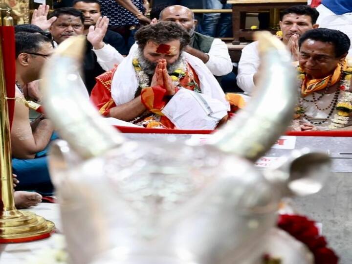 राहुल गांधी ने मंदिर के गर्भगृह के सामने दंडवत प्रणाम किया. वह मंदिर परिसर में नंदी (भगवान शिव का वाहन माने जाने वाले पवित्र बैल) की मूर्ति के पास भी कुछ देर बैठे.