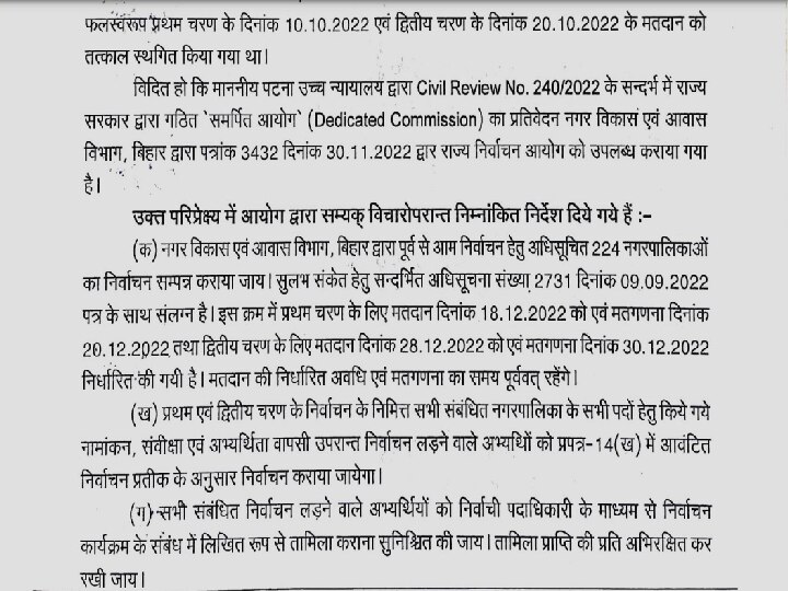 Bihar Nagar Nikay Chunav 2022: बिहार में निकाय चुनाव की नई तारीख का एलान, 18 और 28 दिसंबर को होगी वोटिंग