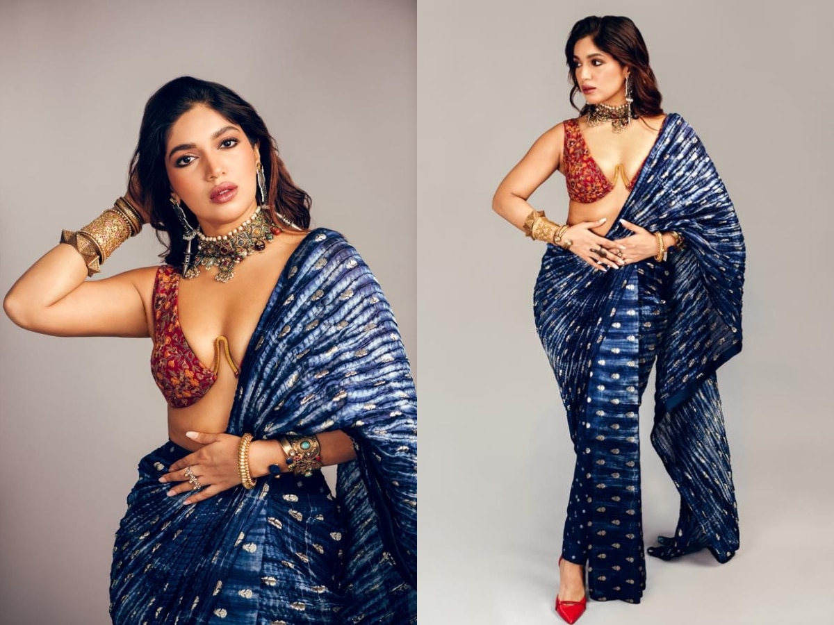 Bhumi Pednekar raises temperatures in a blue saree and bralette blouse. See  pics: | Filmfare.com