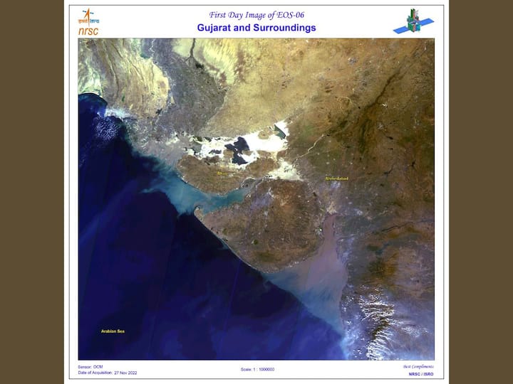 PSLV-C54: The Indian Space Research Organisation (ISRO) has released the first images of Earth captured by EOS-06 or OceanSat-3A. The first images were received on November 29, at National Remote Sensing Centre, Shadnagar. This is the image of Gujarat and its surroundings from space (Photo: Twitter/@ISRO)