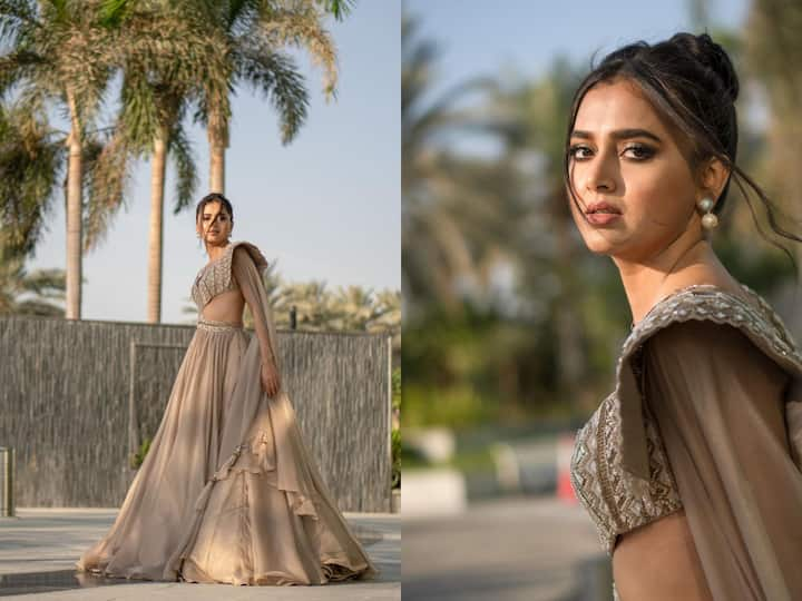 Tejasswi Prakash recently shared pictures in a beige lehenga looking glamorous as ever. Check them out