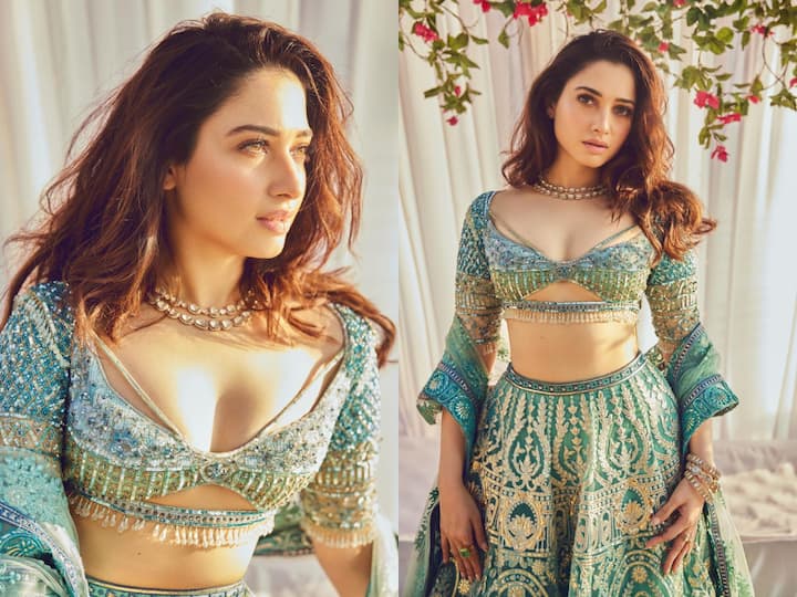 Tamannaah Bhatia in a turquoise and gold lehenga should be saved as inspiration for future brides. Check out her latest pics.