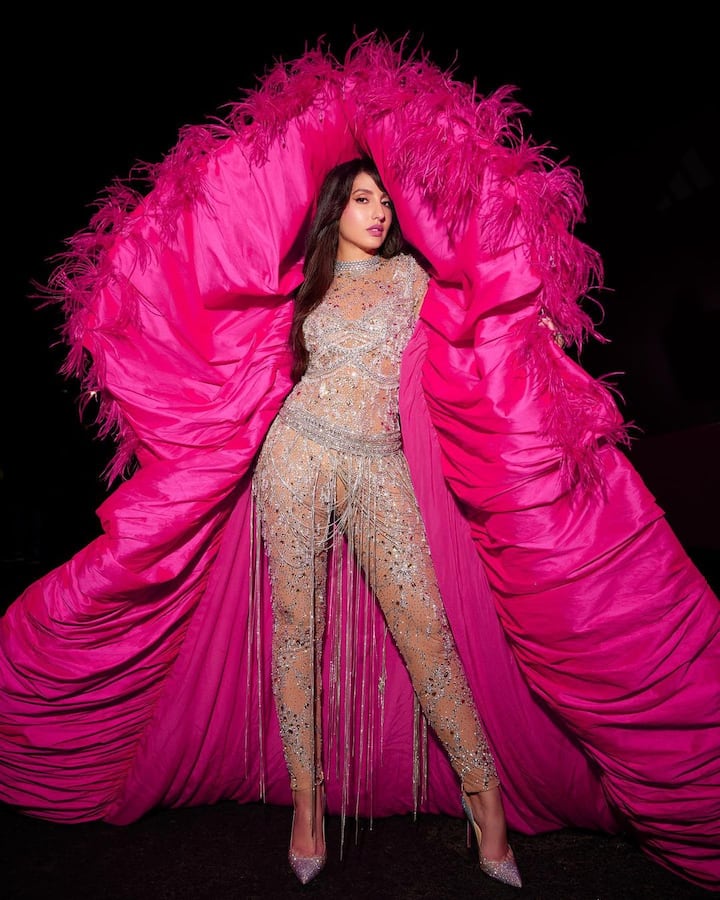 She donned a sheer silver custom-made jumpsuit by Falguni Shane Peacock. The long-sleeved jumpsuit had sequin details all over.