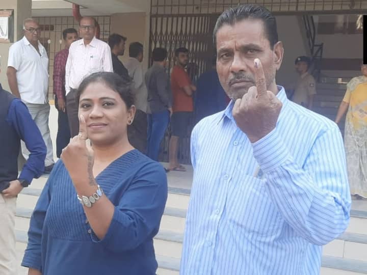 Anirudhsinh Jadeja & Naina Jadeja - father & sister of cricketer Ravindra Jadeja after voting at a polling station in Jamnagar.  