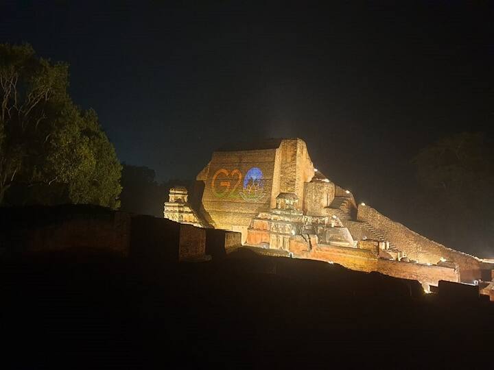 The Nalanda University ruins are illuminated with the G20 logo. On December 1, India took over the G20 presidency for a year. In India, almost 200 meetings would be hosted in 55 different places. (Image Source: Twitter/@airnewsalerts)