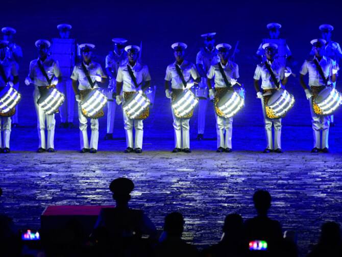 Indian Navy Personnel Perform During Beating Retreat Near Gateway Of India  Ahead Of Navy Day